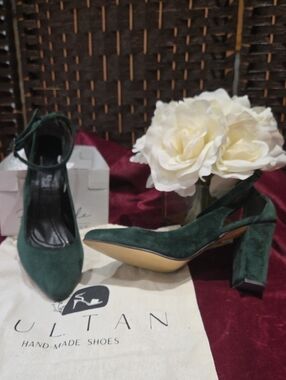 Sultan Hand Made EMERALD Green Suede Ankle-Strap Block Heel Pumps